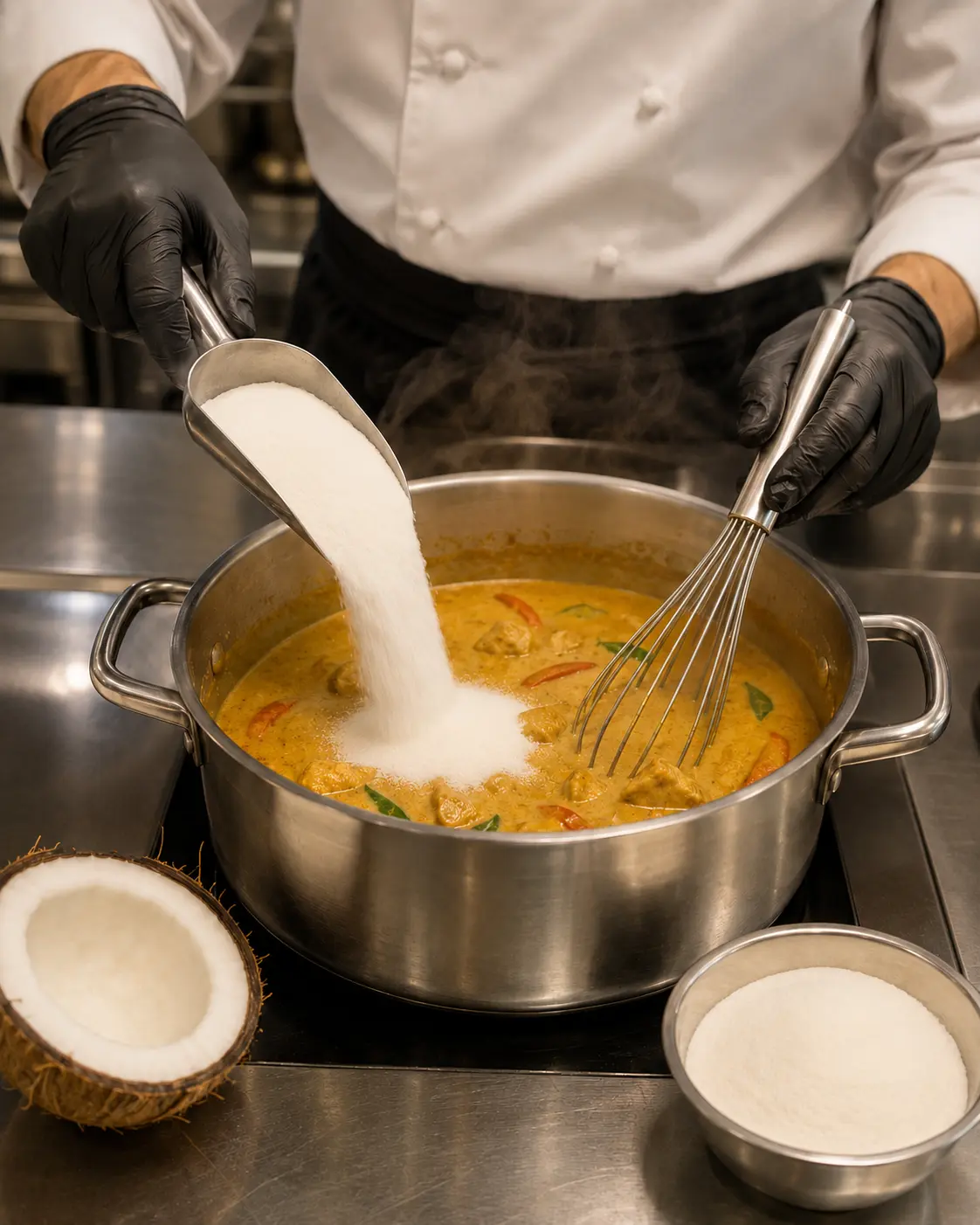 Instant coconut powder being prepared in a professional commercial kitchen