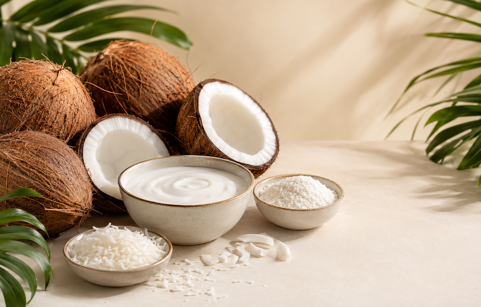 Fresh coconuts, coconut milk, coconut powder and coconut flakes