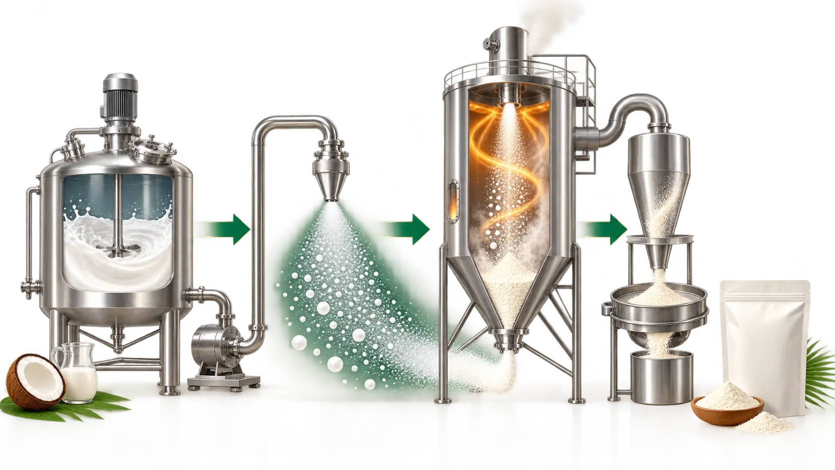 Four-stage spray drying process from coconut milk preparation to powder collection and packaging