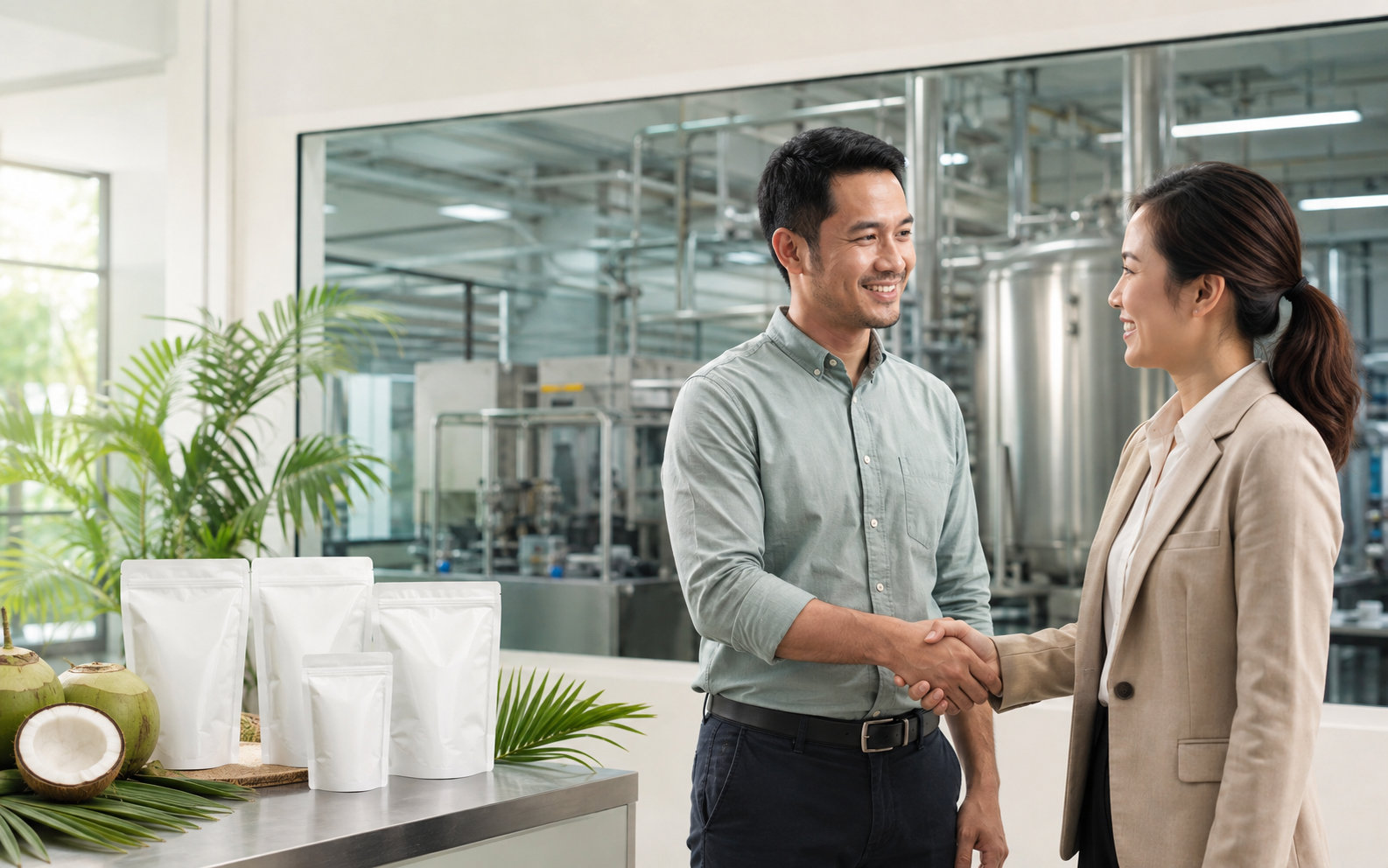 Santanmas representative and a customer shaking hands after discussing an OEM coconut product partnership